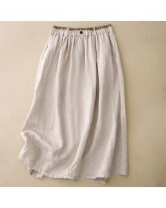 Buddha Stones Vintage Casual Plain Side Slit Elastic Waist Cotton Linen Women's Skirt With Pockets - Black / US8-10，UK/AU12-14，EU40-42 (2XL)