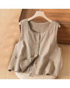 Buddha Stones Single Breasted Sleeveless Design Cotton Linen Women's Vest WIth Pockets - Brown / US8-10，UK/AU12-14，EU40-42 (2XL)