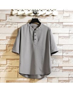 Buddha Stones Vintage Casual Solid Color Men's Short Sleeve Shirt Jacket - Gray / US/UK/AU42，EU52 (3XL)