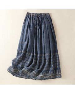 Buddha Stones Vintage Ethnic Floral Pattern Lined Drawstring Women's Skirt With Pockets - MidnightBlue / US12,UK/AU16,EU44 (2XL)