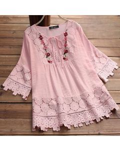 Buddha Stones Vintage Flower Embroidery Hole Design Lace-up Three Quarter Sleeve Cotton Women's Shirt - LightPink / US4，UK/AU8，EU36 (L)