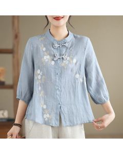 Buddha Stones Vintage Flower Embroidery Three Quarter Sleeve Frog-Button Cotton Linen Women's Shirt - LightSkyBlue / US4，UK/AU8，EU36 (L)