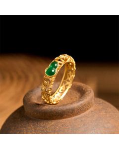Buddha Stones Vintage Gourd Green Chalcedony Copper Alloy Wealth Ring - US8