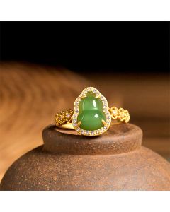 Buddha Stones Vintage Gourd Green Chalcedony Copper Plated Gold Adjustable Wealth Ring - Green Chalcedony(Adjustable)