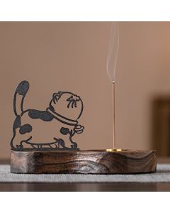 Buddha Stones Vintage Iron Cat Lamp Post Wooden Base Meditation Incense Burner - Cat Side View