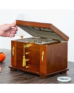Buddha Stones Vintage Large Capacity Wooden Jewelry Box Jewelry Storage Box With Mirror - Five Layers Light Color 27*19*24cm