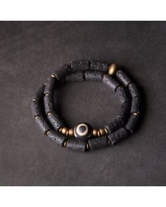 Buddha Stones Vintage Lava Rock Three-eyed Dzi Bead Copper Brass Multi-turn Wrap Calm Bracelet - Lava Rock Three-eyed Dzi Bead Brass(Wrist Circumference: 17-17.6cm)
