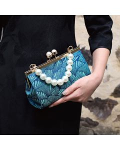 Buddha Stones Vintage Peacock Blue Leaf Pattern Pearl Metal Handbag - Blue 20.5*12*8cm