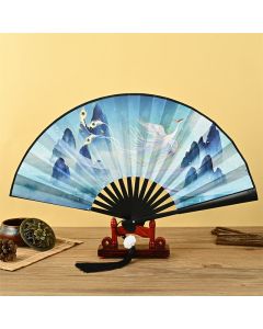 Buddha Stones Vintage Phoenix Nine Tailed Fox Flower Bamboo Tiger Handheld Folding Fan Lotus Tassel Fan - Tiger and Mountain