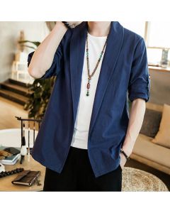 Buddha Stones Vintage Plain Lapel Open Front Jacket Cotton Men's Kimono - SteelBlue / US/UK/AU36，EU46 (L)