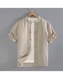Buddha Stones Vintage Plain Tang Suit Chinese Frog-Button Men's Shirt With Pockets - Beige / US/UK/AU36，EU46 (L)