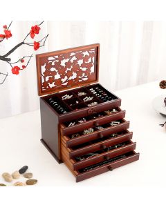 Buddha Stones Vintage Plum Blossom Carved Wooden Jewelry Box Six-Layer Jewelry Storage Box - Wenge Wood Color 30.6*20.6*24.7cm