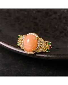 Buddha Stones Vintage Prong Setting Four Leaf Flower Design Peach Moonstone Adjustable Soothing Ring - Peach Moonstone(Size: about 0.39×0.47in(1×1.2cm))