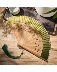 Buddha Stones Vintage Small Koi Fish Aquatic Plants Pattern Success Bamboo Cotton Linen Folding Fan - Green(Complimentary Tassel) / Closed Size: Approx. 21 cm / 8.3 in