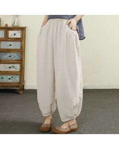 Buddha Stones Vintage Solid Color Embroidery Cotton Linen Women's 7-8 Length Harem Pants With Pockets - Tan / US4，UK/AU8，EU36 (L)