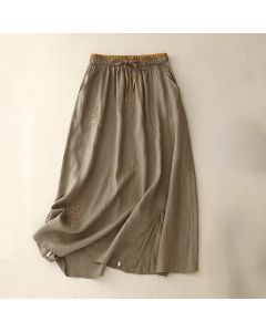 Buddha Stones Vintage Solid Embroidery Drawstring Women's Skirt With Pockets - Goldenrod / US8-10，UK/AU12-14，EU40-42 (2XL)