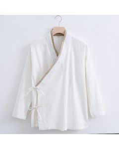 Buddha Stones Vintage Solid Long Sleeve Lace-up Design Cotton Linen Men's Shirt - White / US/UK/AU36，EU46 (L)