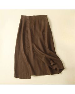 Buddha Stones Vintage Summer Asymmetrical High Waist Women's Cotton Linen Skirt With Pockets - SaddleBrown / US8-10，UK/AU12-14，EU40-42 (2XL)