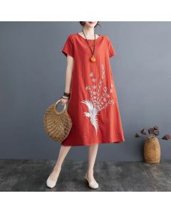 Buddha Stones Summer Printing Phoenix Pattern Short Sleeve Midi Dress - Gold / US14，UK/AU18，EU46 (4XL)