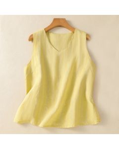 Buddha Stones Vintage Summer Solid Color Simple Design V-Neck Women's Cotton Sleeveless Vest - Khaki / US4，UK/AU8，EU36 (L)