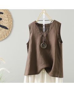Buddha Stones Vintage Summer Solid Color V-Neck Women's Vest Waistcoat - SaddleBrown / US4，UK/AU8，EU36 (L)
