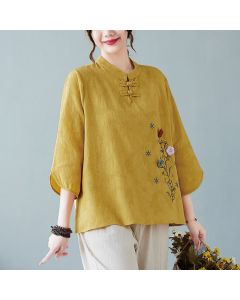 Buddha Stones Vintage Summer Stereoscopic Flower Embroidery Three Quarter Sleeve Frog-Button Cotton Linen Women's Shirt - MediumTurquoise / US12,UK/AU16,EU44 (3XL)