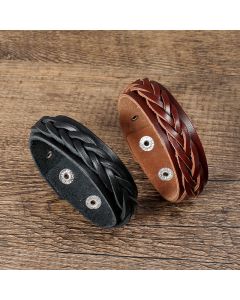 Buddha Stones Vintage Weaving Leather Adjustable Buckle Strengthen Bracelet - Black(Wrist Circumference: 17-19cm)