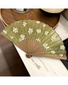 Buddha Stones Vintage White Blossom Bamboo Folding Fan 22 cm - Pink / Closed Size: Approx. 22 cm / 8.7 in