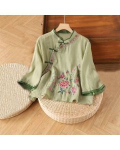Buddha Stones Vintage Zen Embroidery Plant Floral Pattern Chinese Frog-Button Design Three Quarter Sleeve Women's Cotton Linen Shirt - MediumVioletRed / US12，UK/AU16，EU44 (4XL)
