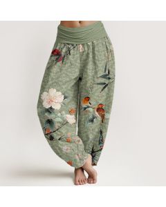 Buddha Stones Cotton Warbler Bird Blooming Flower Branches Mandala Pattern Women's Elastic Waist Harem Pants - Pink / US22，UK/AU26，EU54 (6XL)