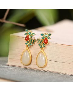 Buddha Stones Water Drop White Jade Red Agate Butterfly Protection Drop Dangle Earrings - White Jade(Protection♥Happiness)