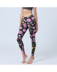 Buddha Stones Watercolor Style Softly Colored Flower Leaf Pattern Print Gym Leggings Women's Yoga Pants - Black / US18，UK/AU22，EU50 (4XL)