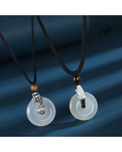 Buddha Stones White Agate 999 Sterling Silver Black Onyx Green Sandalwood Pi Xiu Peace Buckle Six True Words Necklace Pendant - White Agate 999 Sterling Silver Black Onyx