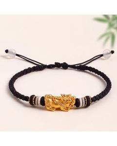 Buddha Stones White Agate Copper Pi Xiu Auspicioisness Hand-Woven Bracelet - Black