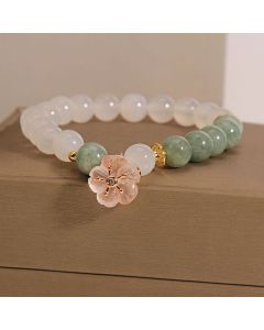 Buddha Stones White Agate Jade Flower Charm Luck Protection Bracelet - White Agate Jade(Wrist Circumference 14-16cm)