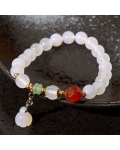 Buddha Stones White Agate Red Agate Lotus Pod Charm Luck Bracelet - White Agate(Wrist Circumference 14-16cm)