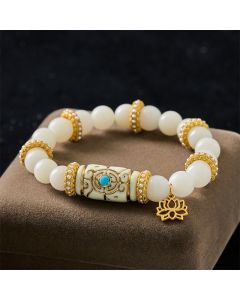 Buddha Stones White Bodhi Seed Resin Barrel Bead Lotus Pendant Round Meditation Bracelet - White Bodhi Seed (Wrist Circumference: 16–17 cm)