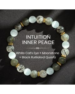Buddha Stones White Cat's Eye Moonstone Black Rutilated Quartz Beads Abundance Bracelet - 8mm