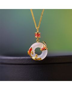 Buddha Stones White Chalcedony Koi Fish Success Peace Buckle Round Necklace - White Chalcedony(Harmony♥Positive)