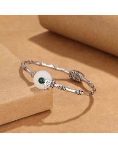 Buddha Stones White Jade Peace Buckle Bamboo Design Luck Copper Cuff Bracelet Bangle - White Jade(Protection♥Happiness)(Wrist Circumference: 14-16cm)