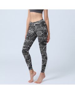 Buddha Stones White Line Waves Pattern Print Gym Leggings Women's Yoga Pants - Black / US18，UK/AU22，EU50 (4XL)