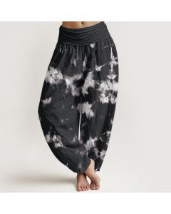 Buddha Stones Cotton White Lines Spots Tie-Dye Pattern Women's Elastic Waist Harem Pants - Black / US22，UK/AU26，EU54 (6XL)