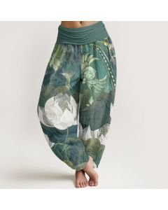 Buddha Stones Cotton White Lotus Leaves Pattern Casual Women's Elastic Waist Harem Pants - MediumPurple / US22，UK/AU26，EU54 (6XL)