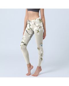 Buddha Stones White Magnolia Flower Print Sports Fitness Leggings Women's Yoga Pants - Linen / US18，UK/AU22，EU50 (4XL)