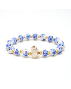Buddha Stones White Porcelain Elephant Floral Round Bead Bracelet - Elephant(STRENGTH ♥ WISDOM)