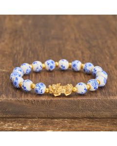 Buddha Stones White Porcelain PiXiu Blue Floral Beads Auspicioisness Bracelet - White Porcelain(Purity ♥ Elegance)