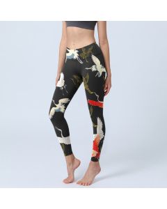 Buddha Stones White Red Gold Cranes Print Gym Leggings Women's Yoga Pants - Black / US18，UK/AU22，EU50 (4XL)