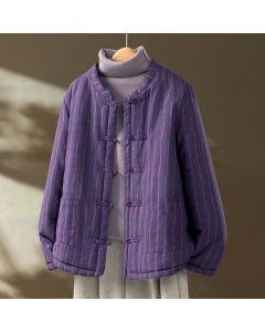 Buddha Stones Winter Casual Tang Style Frog Button Purple Striped Women's Jacket With Pockets - RebeccaPurple / US4, UK/AU8, EU36 (L)