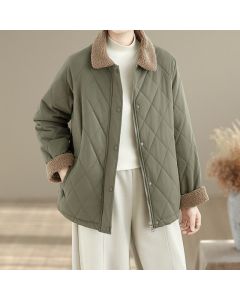 Buddha Stones Winter Casual Vintage Button-Up Geometric Rhombus-shaped Lines Women's Jacket With Pockets - DarkOliveGreen / US6, UK/AU10, EU38 (M)
