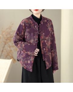 Buddha Stones Winter Elegant Tang Style Pankou Floral Print Women's Jackets - Purple / US6, UK/AU10, EU38 (M)